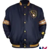 MLB Team Milwaukee Brewers Midfield Satin Navy Blue Varsity Jacket front view