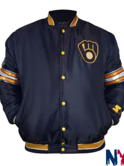 MLB Team Milwaukee Brewers Midfield Satin Navy Blue Varsity Jacket front view