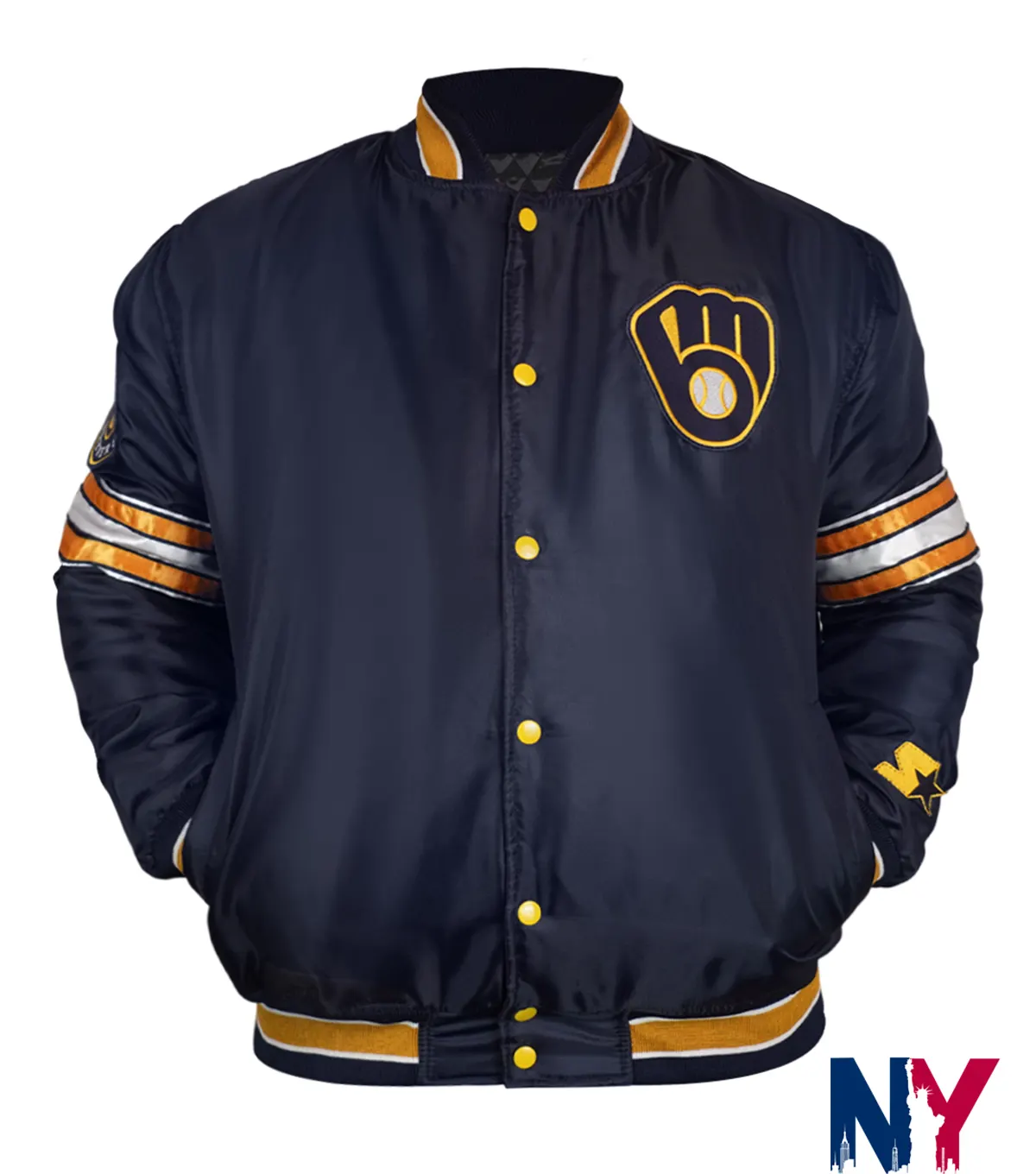 MLB Team Milwaukee Brewers Midfield Satin Navy Blue Varsity Jacket front view