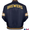 MLB Team Milwaukee Brewers Satin Midfield Navy Blue Varsity Jacket back view