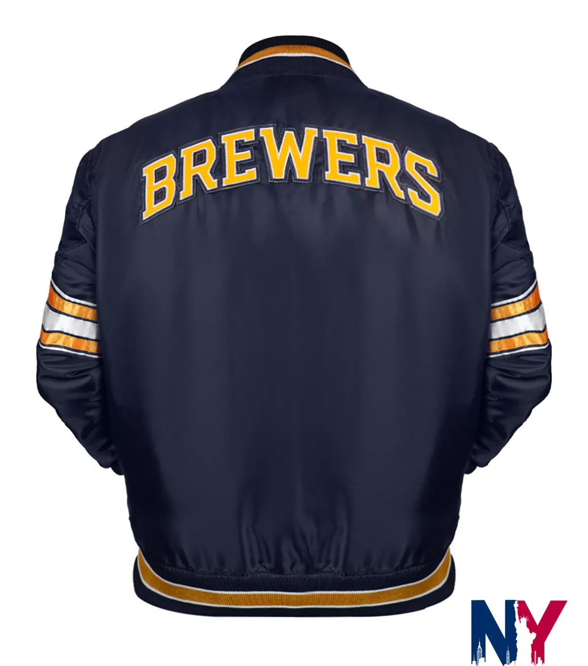 MLB Team Milwaukee Brewers Satin Midfield Navy Blue Varsity Jacket back view