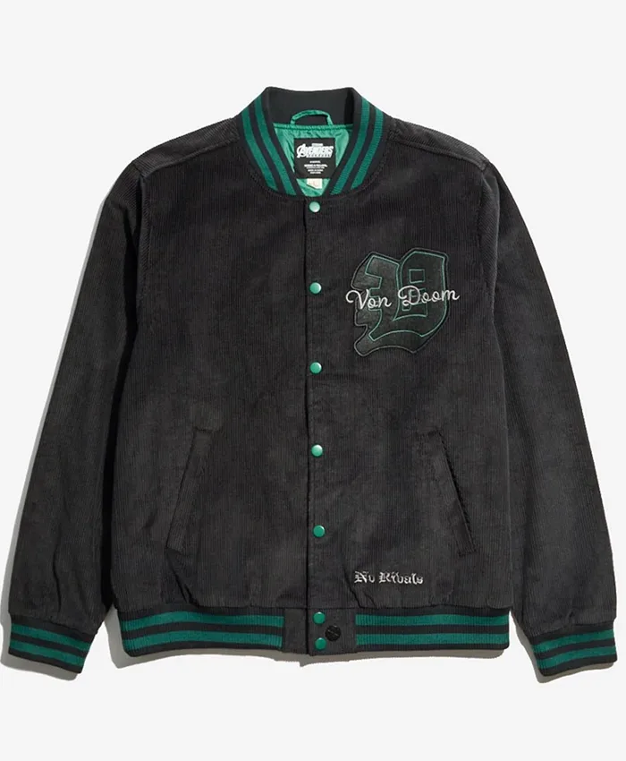 Marvel Doctor Doom Black Lightweight Corduroy Letterman Varsity Jacket front view
