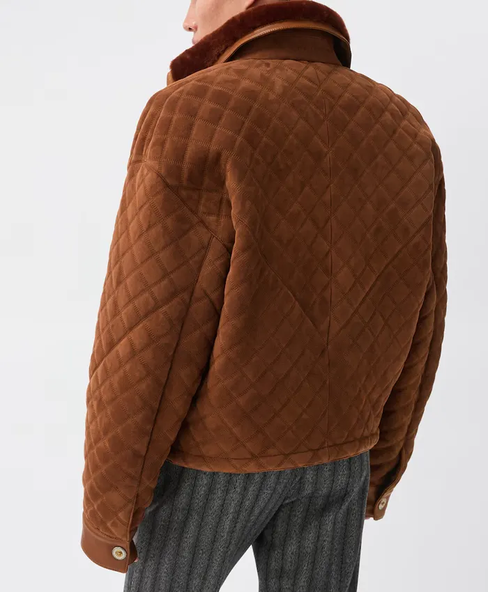 Men's Brown Suede Leather & Shearling Collar Quilted Blouson Jacket back view