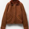 Men's Suede Leather & Shearling Collar Brown Blouson Quilted Jacket front view