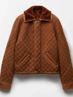 Men's Suede Leather & Shearling Collar Brown Blouson Quilted Jacket front view