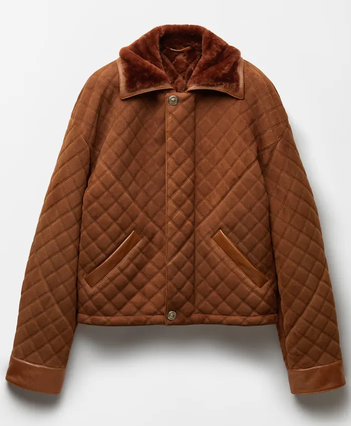 Men's Suede Leather & Shearling Collar Brown Blouson Quilted Jacket front view