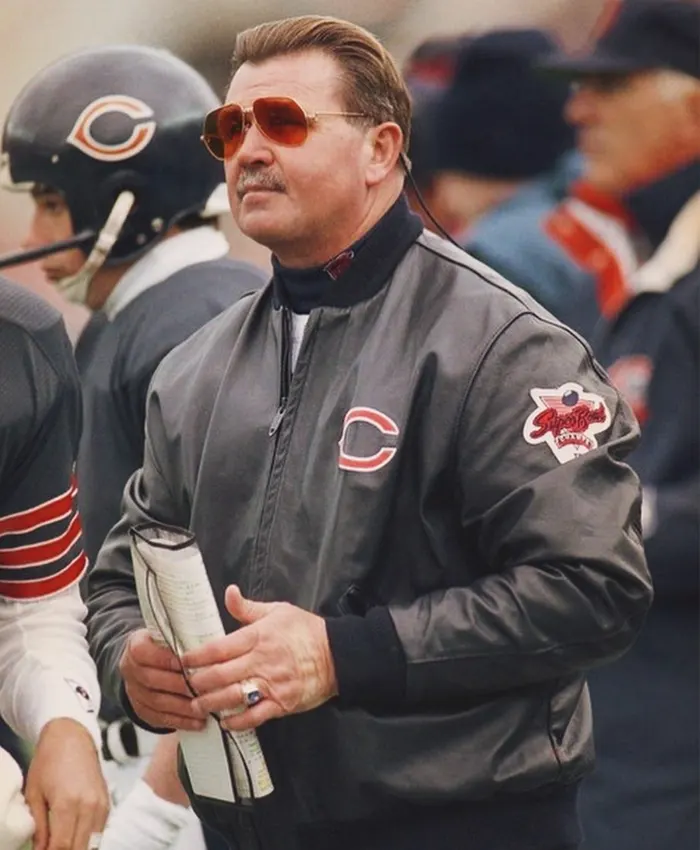 Mike Ditka Chicago Bears Bomber Black Leather Jacket