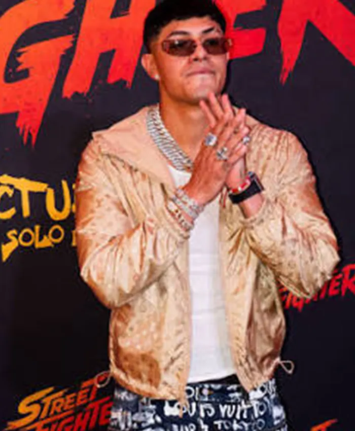 Movie Street Fighter 2026 Mexico City El Bogueto Beige Satin Hooded Louis Vuitton Jacket front view