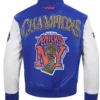 NBA New York Knicks 2026 Champions Blue And White Bomber Leather Jacket back view