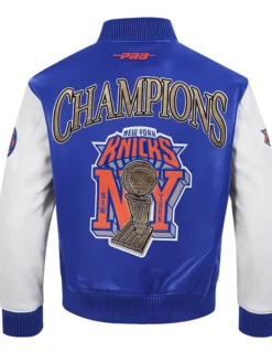 NBA New York Knicks 2026 Champions Blue And White Bomber Leather Jacket back view