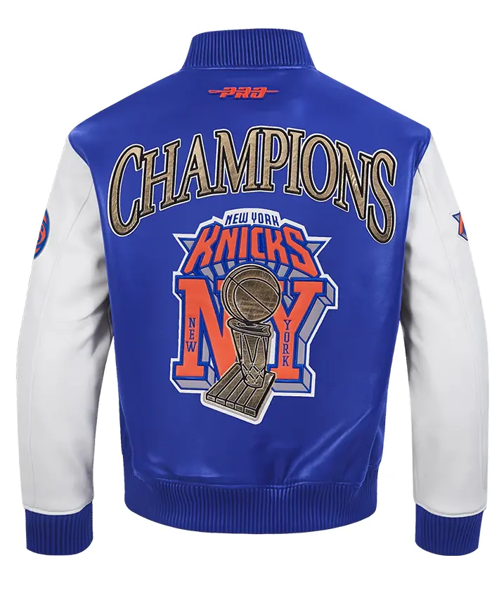 NBA New York Knicks 2026 Champions Blue And White Bomber Leather Jacket back view