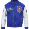 NBA New York Knicks Champions 2026 Blue And White Leather Bomber Jacket front view