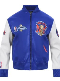 NBA New York Knicks Champions 2026 Blue And White Leather Bomber Jacket front view