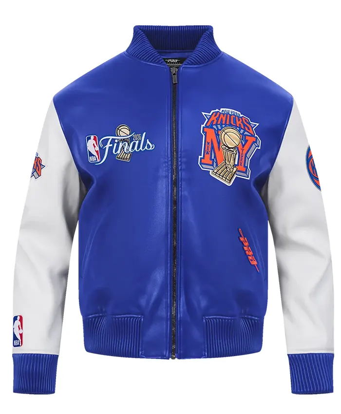 NBA New York Knicks Champions 2026 Blue And White Leather Bomber Jacket front view