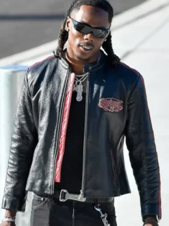 NFL Buffalo Bills Max Hairston Arrival Black Cafe Racer Moto Leather Jacket front view