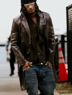 NFL Cleveland Browns Grant Delpit Arrival Distressed Brown Leather Trench Coat front view