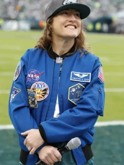 NFL Philadelphia Eagles NASA Astronaut Christina Koch Blue Flight Cotton Bomber Jacket front view
