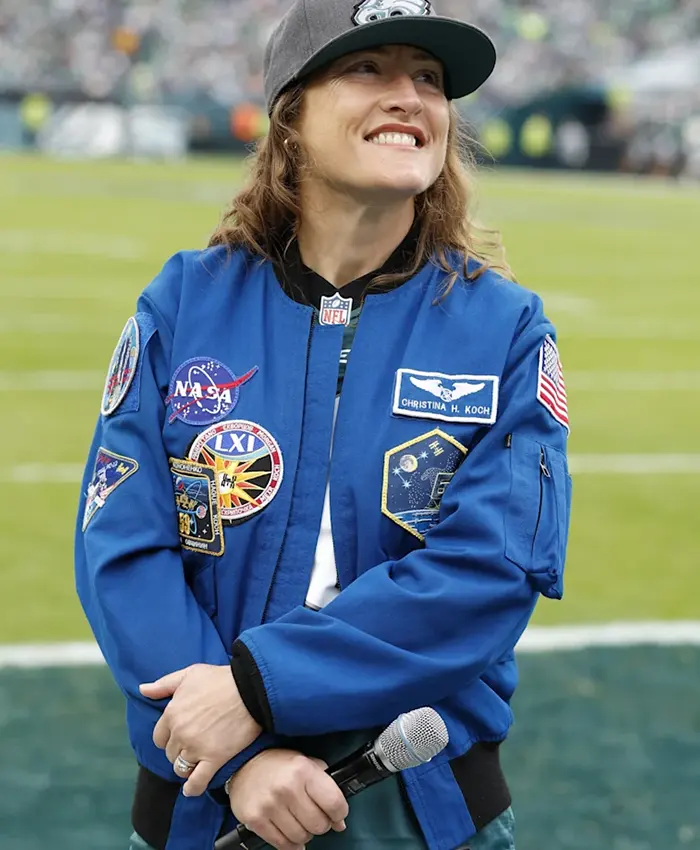 NFL Philadelphia Eagles NASA Astronaut Christina Koch Blue Flight Cotton Bomber Jacket front view