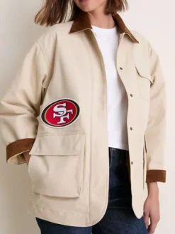 NFL San Francisco 49ers Tuckernuck Women's Full-Snap Varsity Barn Jacket Stone