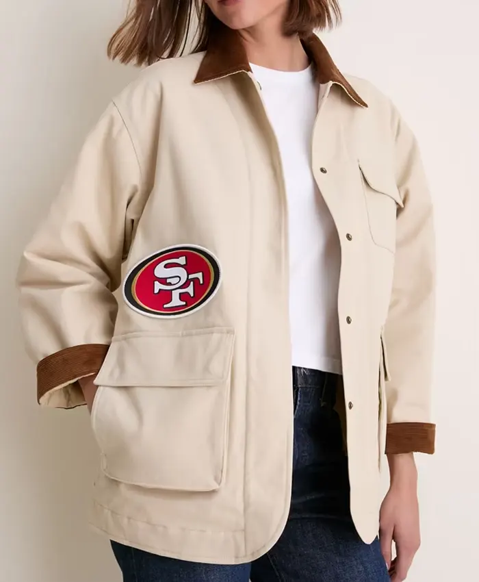 NFL San Francisco 49ers Tuckernuck Women's Full-Snap Varsity Barn Jacket Stone