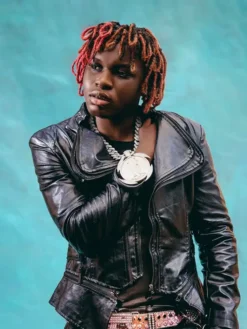 Nigerian Afrobeats Singer-Songwriter Ayo Maff Dealer Black Leather Biker Jacket front view