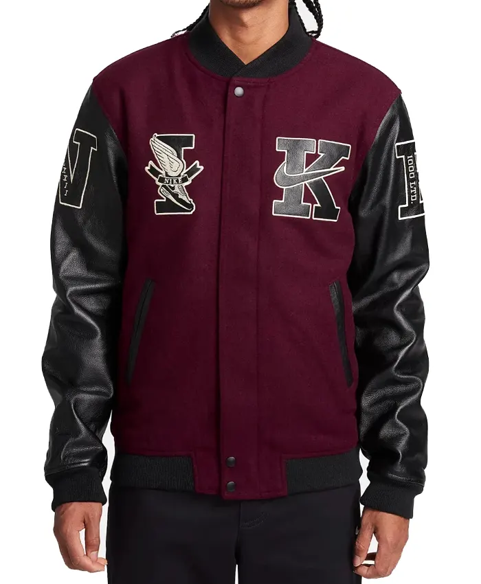 Nike Destroyer Maroon Wool Letterman Varsity Bomber Jacket For Mens