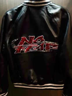 No Fear x Opium Playboi Carti Black Leather Varsity Jacket with Red Sequin back view