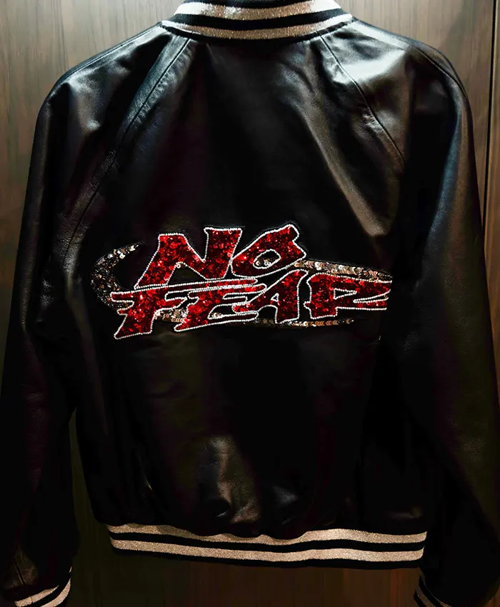 No Fear x Opium Playboi Carti Black Leather Varsity Jacket with Red Sequin back view