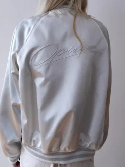 No Fear x Opium Playboi Carti Silver Satin Bomber Varsity Jacket back view