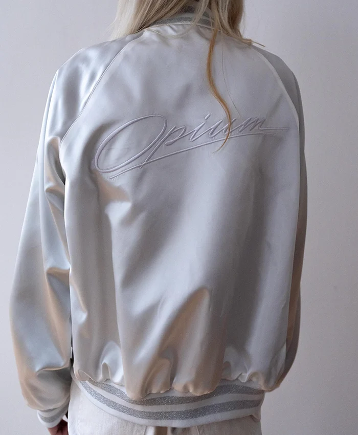 No Fear x Opium Playboi Carti Silver Satin Bomber Varsity Jacket back view