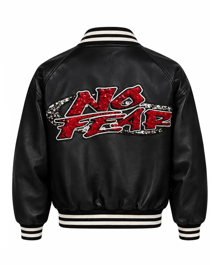 Opium × No Fear Black Leather Bomber Jacket Back View