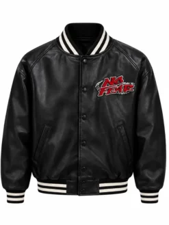 Opium × No Fear Leather Bomber Jacket Front View
