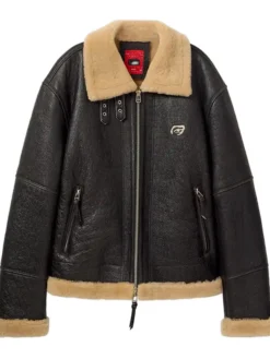 Order KidSuper Shearling Distressed Black Leather Jacket front view