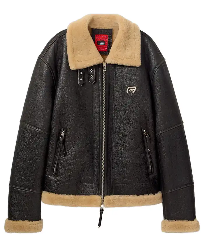 Order KidSuper Shearling Distressed Black Leather Jacket front view