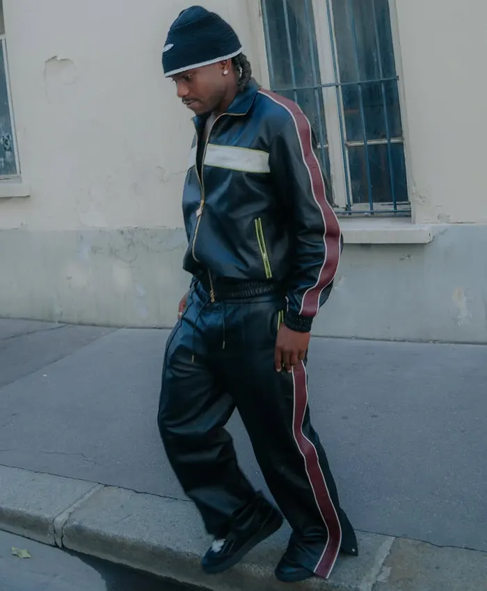 Paris Fashion Week Ademola Lookman Black Leather Tracksuit
