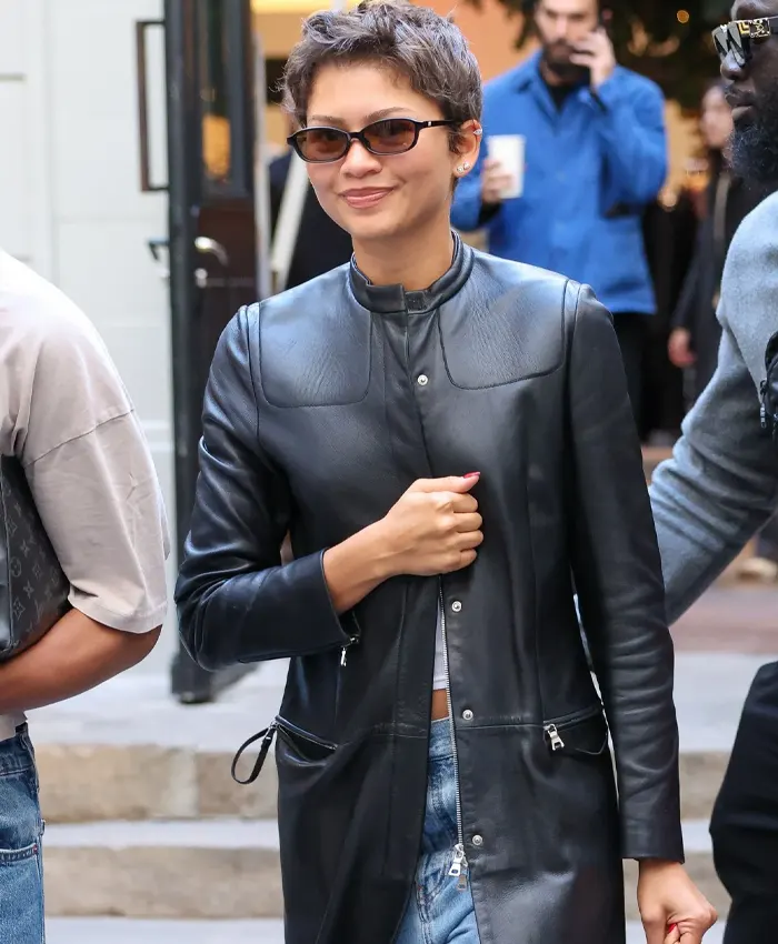 Paris Shopping Zendaya Black Leather Trench Coat