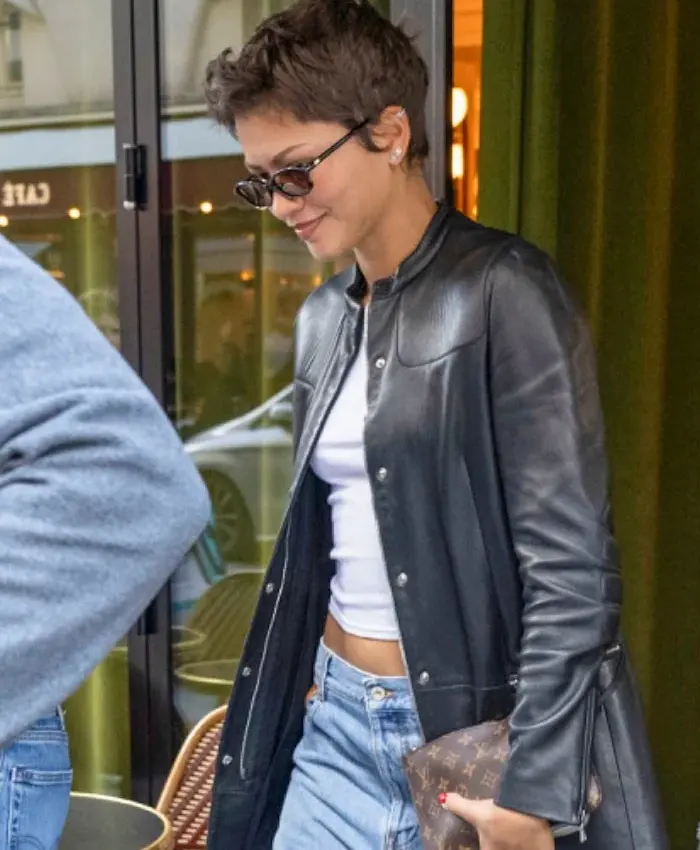 Paris Zendaya Black Leather Trench Coat For Sale