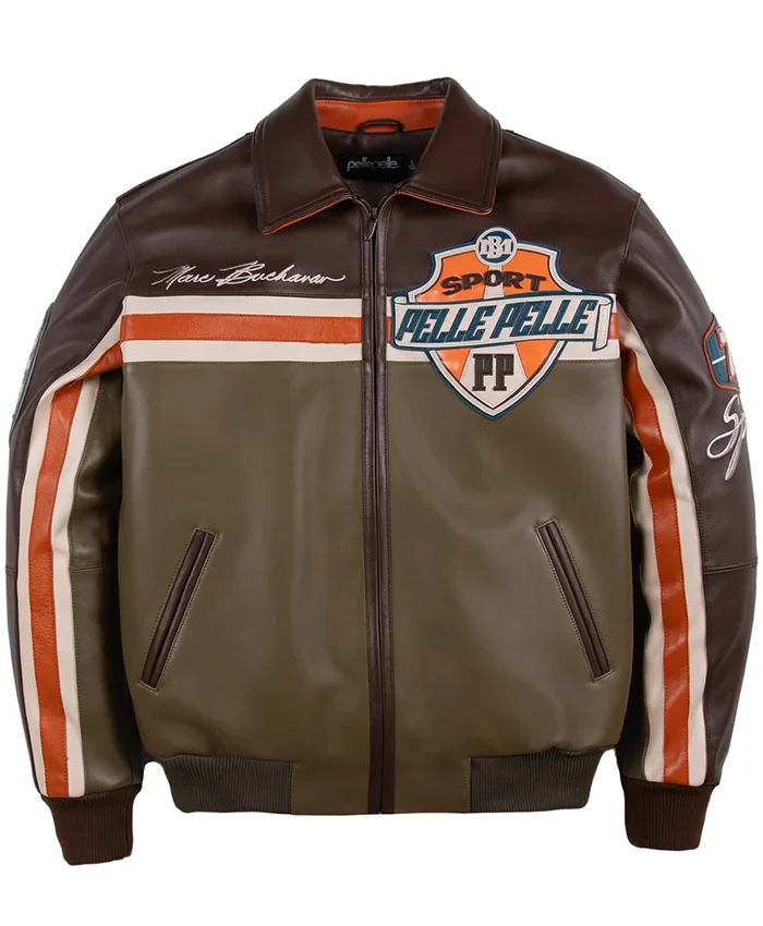 Pelle Pelle Authentic Original Racing Sport Brown Bomber Leather Jacket front view