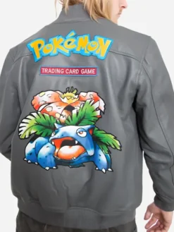 Pokemon Venusaur 2026 Tropical Bloom Toad Grey Leather Bomber Jacket back view