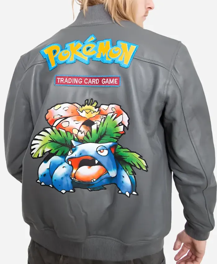 Pokemon Venusaur 2026 Tropical Bloom Toad Grey Leather Bomber Jacket back view