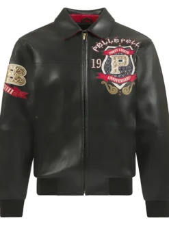 Polo G Pelle Pelle Unrivaled 48 Anniversary Black Bomber Leather Jacket front view