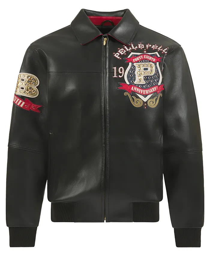 Polo G Pelle Pelle Unrivaled 48 Anniversary Black Bomber Leather Jacket front view