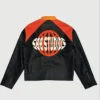 Scary But Beautiful Studios IT IS FINISHED Black-Orange Cropped Leather Racing Jacket back view
