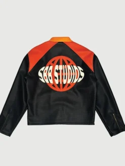 Scary But Beautiful Studios IT IS FINISHED Black-Orange Cropped Leather Racing Jacket back view