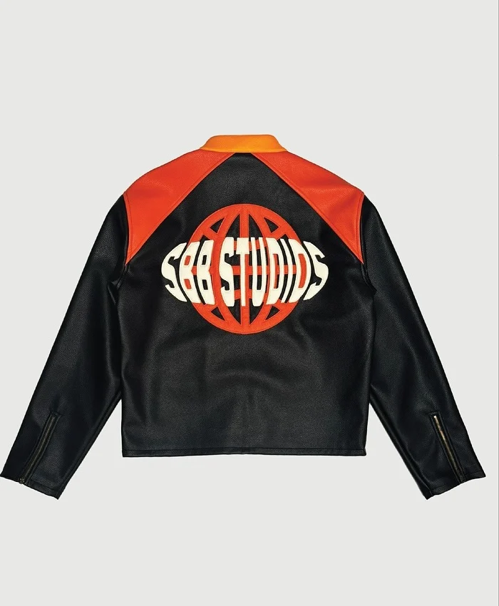 Scary But Beautiful Studios IT IS FINISHED Black-Orange Cropped Leather Racing Jacket back view