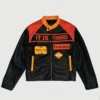 Scary But Beautiful Studios IT IS FINISHED Black-Orange Leather Cropped Racing Jacket front view