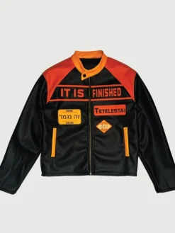 Scary But Beautiful Studios IT IS FINISHED Black-Orange Leather Cropped Racing Jacket front view