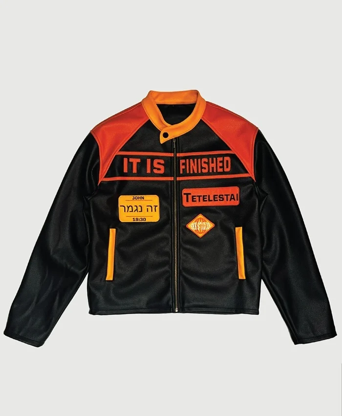 Scary But Beautiful Studios IT IS FINISHED Black-Orange Leather Cropped Racing Jacket front view