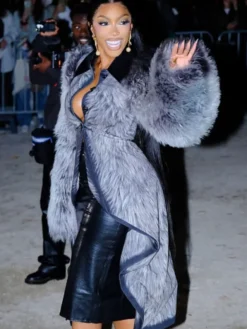 Schiaparelli Spring-Summer 2027 Paris Show Porsha Williams Grey Faux Fur Jacket front view