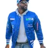 Seattle Seahawks Cliff Avril 2026 Blue Satin Bomber Jacket For Sale